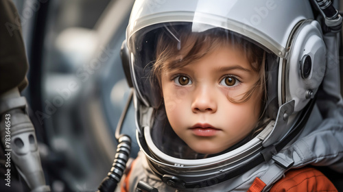 Children in astronaut costume. Children in spacesuit and astronaut costume. Children dreams concept 
