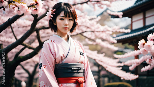 Portrait of a kimono girl with sakura background