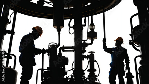 Silhouette of workers with oil pump