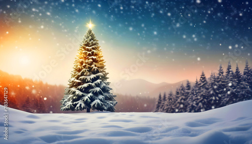Christmas tree in snowy landscape holiday card concept 1