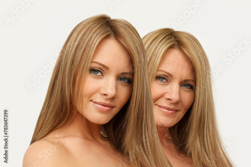 Blonde models. Young and old woman on white background. Aging, cosmetology, plastic surgery and retouching before and after concept