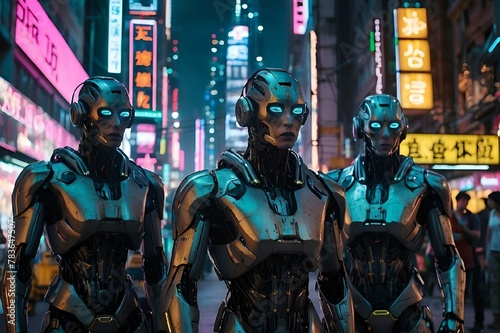 robot suits are standing on a busy city street in the middle of the night