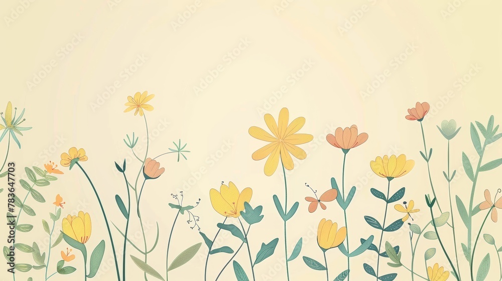 Naklejka premium Colorful flowers on a light yellow background - yellow and green tones - card background - spring design elements 