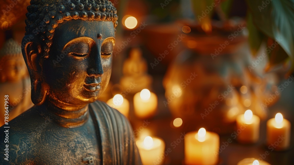 Intimate Scene of Ancient Buddha Statue Surrounded by Flickering Candles, Radiating Spiritual Warmth in Editorial Style and Close-up View. Intimate Scene of Ancient Buddha Statue Surrounded by Flickering Candles, Radiating Spiritual Warmth in Editorial Style and Close-up View.