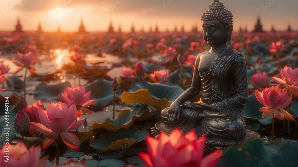 Buddha Statue Surrounded by Blooming Lotuses at Sunrise, Creating a Vibrant and Renewing Atmosphere, Symbolizing Peace and Serenity.