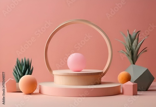 pink and white plants, fruits and a light in a circular container on a round