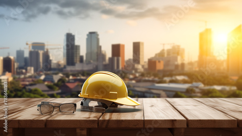 Construction Hard Hat and Glasses with Urban Background photo