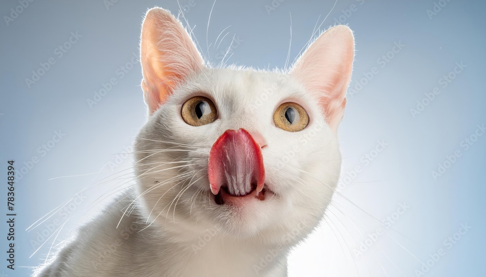  A white domestic cat licks its muzzle after eating 