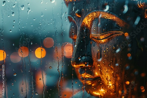 Tranquil Buddha Statue Captured Through Rainy Window, Eliciting Melancholic and Introspective Feelings in Soft Focus Close-Up.