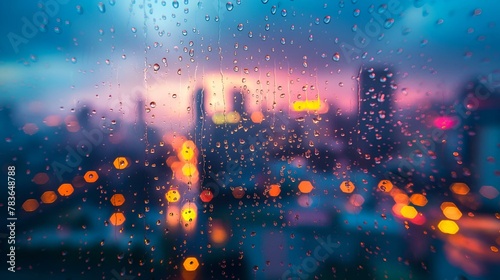 AI generated illustration of raindrops cascade down a window against city lights and buildings