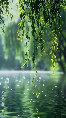 Spring, willow leaves hanging down by the water, sunlight shining on them through the misty forest, reflecting in the clear lake surface. 