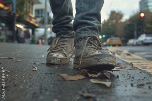 Worn-out Shoes of a Homeless Person Treading the City Streets, Capturing the Lifestyle Contrast Amid Urban Chaos.