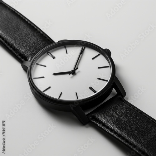 Close-up of a sleek black wristwatch with leather strap, isolated on a white background, portraying simplicity and elegance.