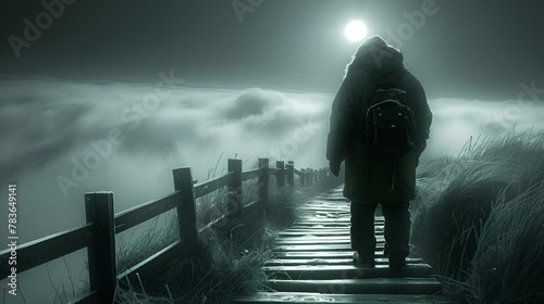 AI generated illustration of a man descending stairs at sea on a foggy night carrying a backpack