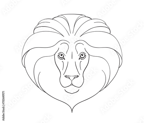 Lion head line drawing, vector icon, outline logo, zodiac symbol for astrology, minimalistic tattoo, wild animal portrait isolated on white background. © Tanya