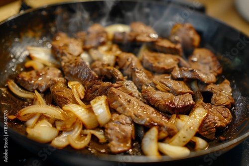 a black pan topped with onions next to mushrooms and meat