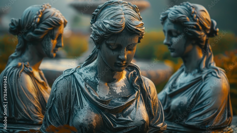 Obraz premium Three elegantly sculpted figures stand in a serene garden, each displaying intricate detail and expression, surrounded by lush greenery and gentle lighting during the golden hour