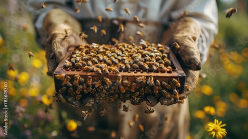 Beekeeper Handling Frame Covered in Bumble Bees for Sustainable Honey Production in Warm Light, Emphasizing Care for Nature and Eco-friendly Practices. photo