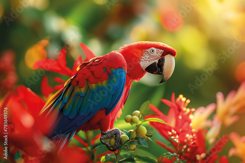 AI-generated illustration of a red-and-green macaw in its natural habitat
