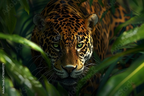 an jaguar is surrounded by greenery in the wilderness of the jungle