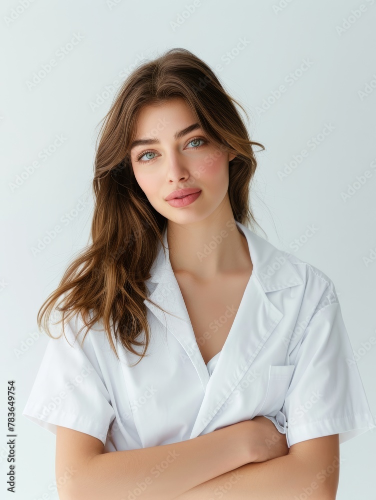 Pretty female model, brown hair, a doctor, 25 year old, In the doctor's clothes, dinamic pose Pretty female model, brown hair, a doctor, 25 year old, In the doctor's clothes, dinamic pose