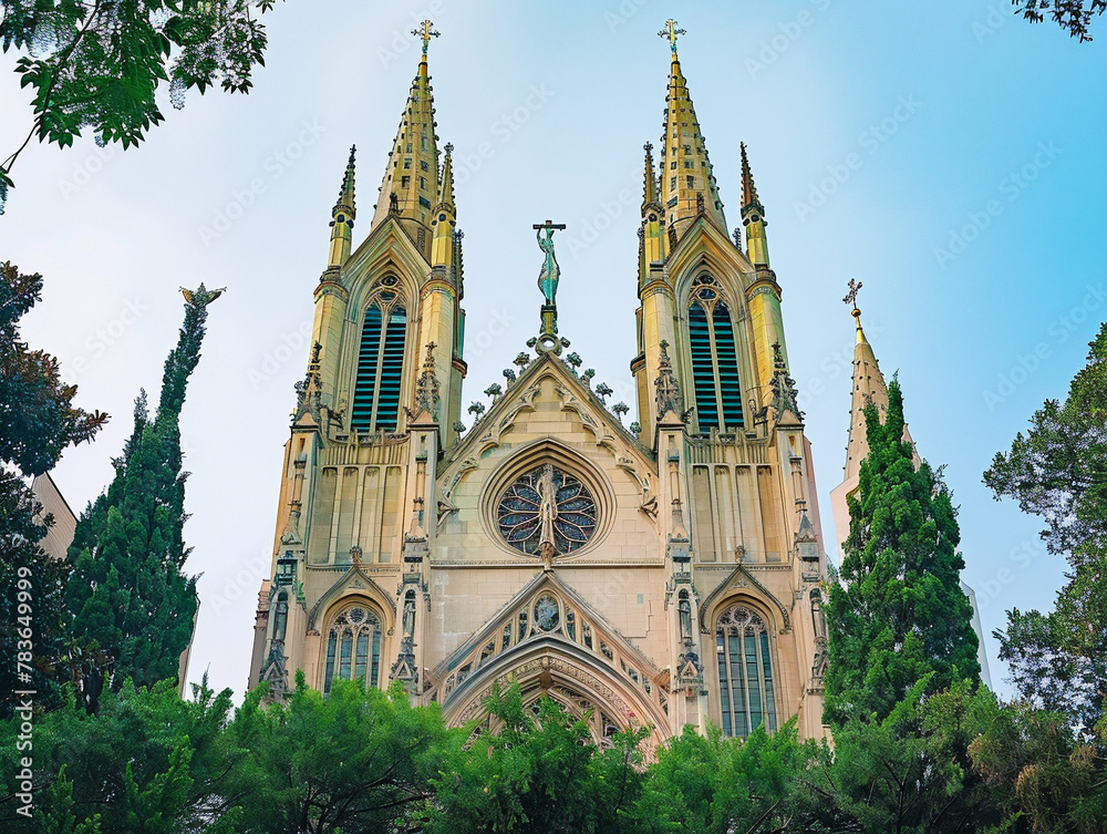 Grand Catholic cathedral with towering spires, intricate details, and a sense of awe-inspiring reverence.