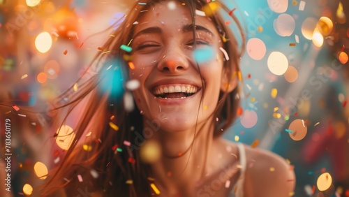 Happy girl celebrating with confetti flying around