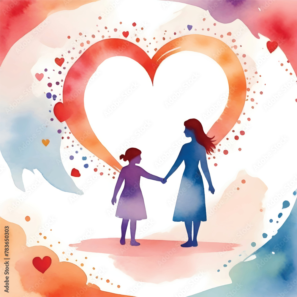 a painting of a mother and daughter holding hands and a heart shape in watercolor style a painting of a mother and daughter holding hands and a heart shape in watercolor style