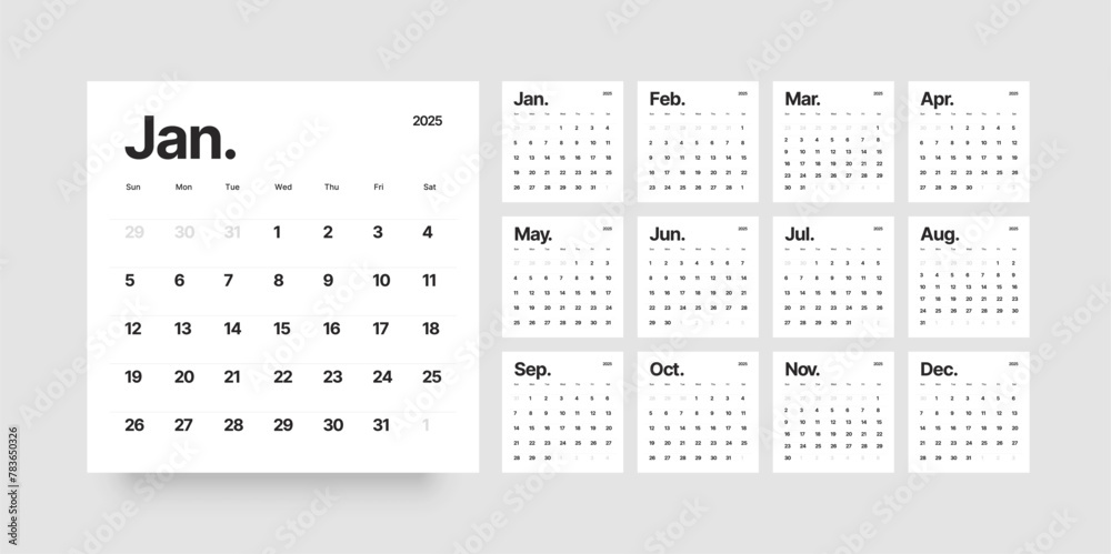 Monthly calendar template for 2025 year. Wall calendar in a minimalist style. Week Starts on Sunday. Monthly calendar template for 2025 year. Wall calendar in a minimalist style. Week Starts on Sunday.