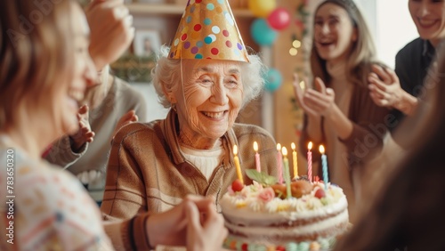 Old woman celebrating her birthday with her family