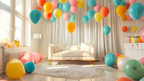 A light and cozy living room decorated with colorful balloons for a birthday party