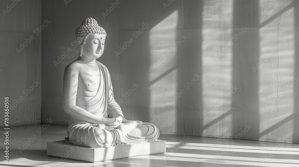 Serene Monochrome Buddha Statue in Minimalist Setting with Soft Shadow Play, Evoking a Calm and Introspective Mood, Portrait Composition Concept. Serene Monochrome Buddha Statue in Minimalist Setting with Soft Shadow Play, Evoking a Calm and Introspective Mood, Portrait Composition Concept.