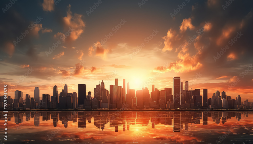 A city skyline with a large sun in the sky