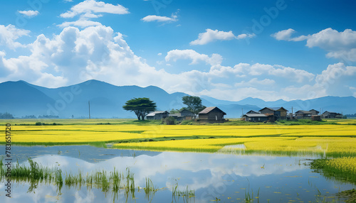 A beautiful countryside with a yellow field and a road leading to a village