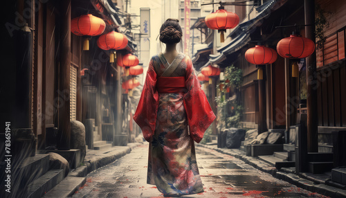 A woman in a red kimono is walking down a street with lanterns hanging above her