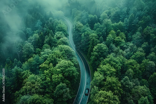 Aerial view of a car driving by the winding asphalt road in an evergreen tropical forest. Curving through nature's embrace, a road to serenity.