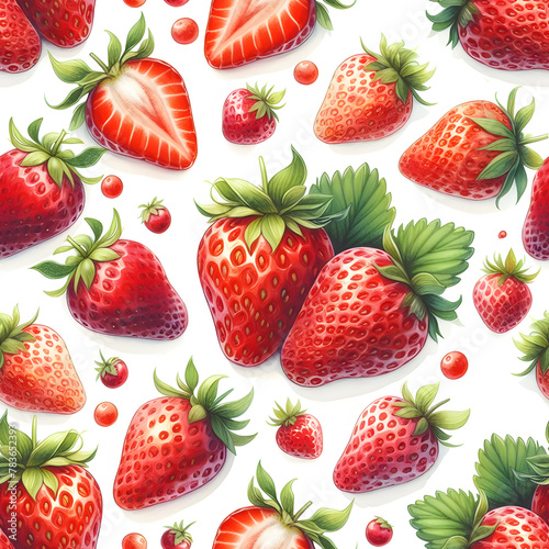 Colorful strawberry water color seamless pattern with fruits and flowers. Doodle fabric print template with red berries. Hand drawn juicy package design.