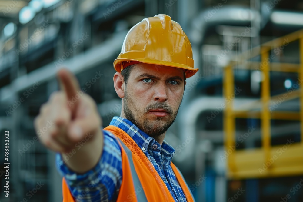 Stern Angry engineer hand point. Work stress. Generate Ai Stern Angry engineer hand point. Work stress. Generate Ai