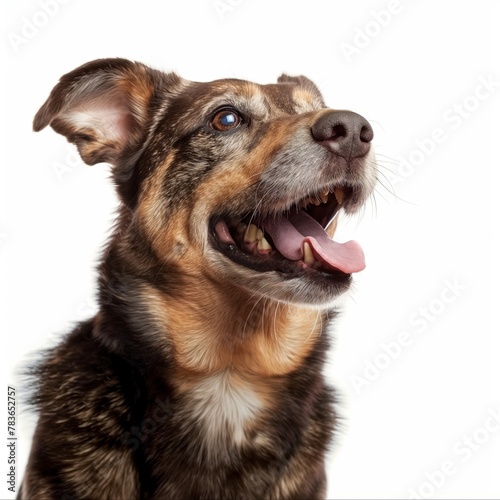 Close-up of a happy mixed breed dog with mouth open and tongue out against a white background.