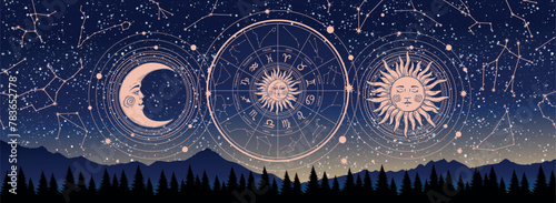 Mystical astrology banner, wheel with zodiac signs on the background of a night landscape, esoteric fortune telling poster. Vector illustration. © Tanya