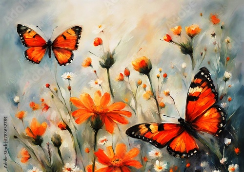 Butterflies fly over a flower field