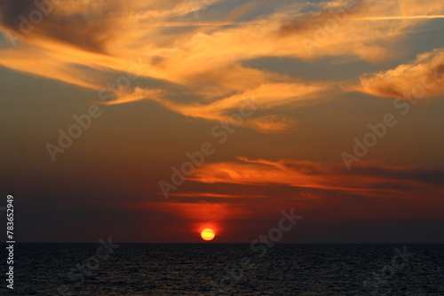 Lighting and color of the sky above the horizon at sunset.