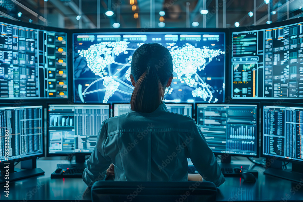 Female technician in modern network operations center Female technician in modern network operations center