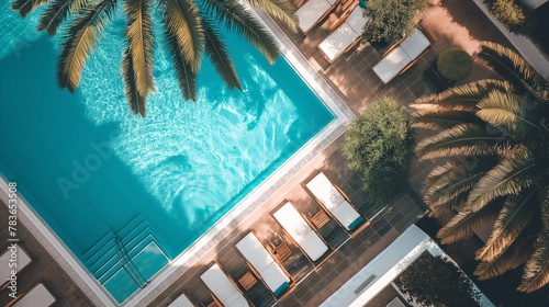 top view of the hotel pool area with plenty of sunbeds and palm trees