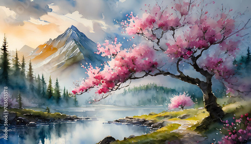 Watercolor illustration of pink blossom tree. Branches with pink flowers. Beautiful nature.