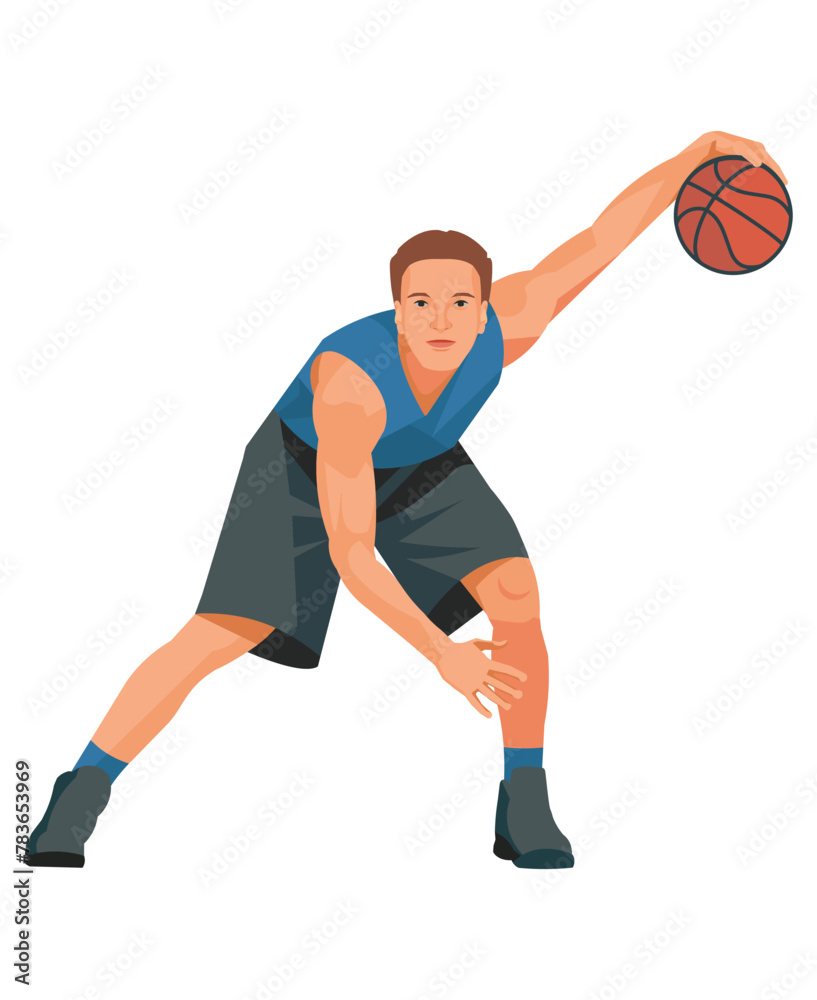 Basketball player in blue shirt stand with the ball in hs hand and performs a crossover jab - obrazy, fototapety, plakaty 