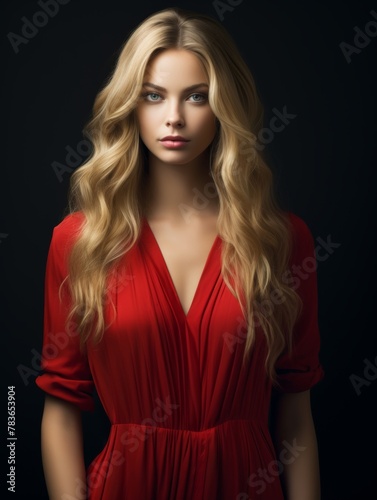 A pretty naive gentle woman standing sideway, 25 years old with long ash-blonde hair posing in a vivid red dress, gray background 