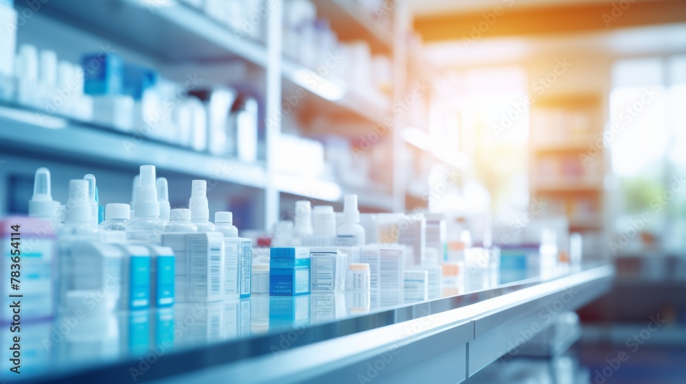 A bright and organized pharmacy shelf displaying various medication bottles and containers during daytime with sunlight illuminating the area