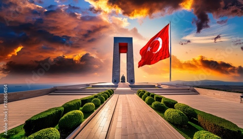 Martyrs Monument, 1915 first World War I. Çanakkale Gallipoli peninsula. Turkish flag 