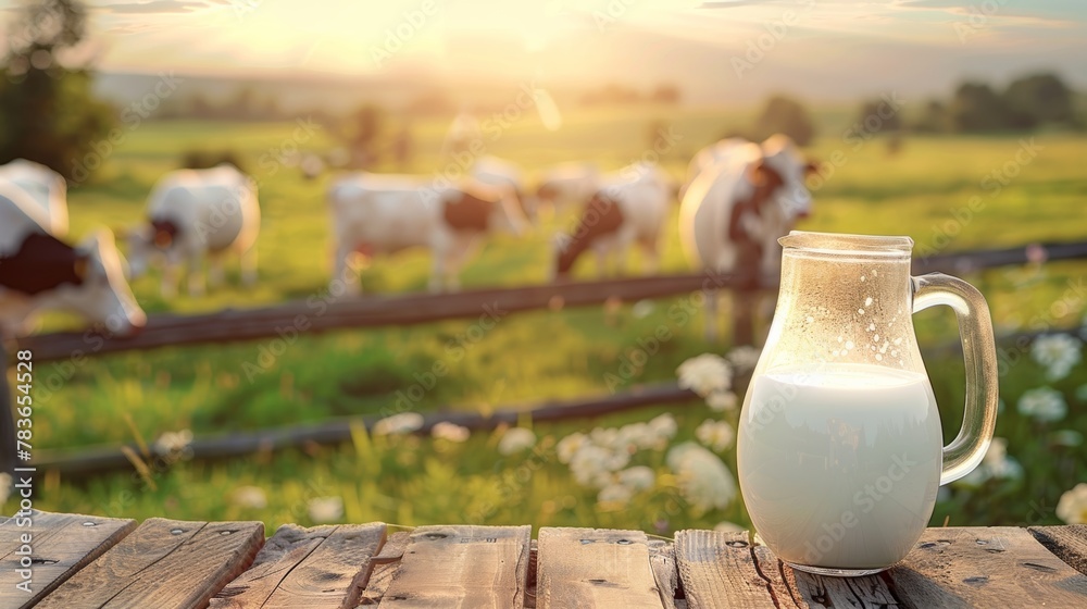 transparent glass jug of milk on wooden table; cows walking on grass on background transparent glass jug of milk on wooden table; cows walking on grass on background